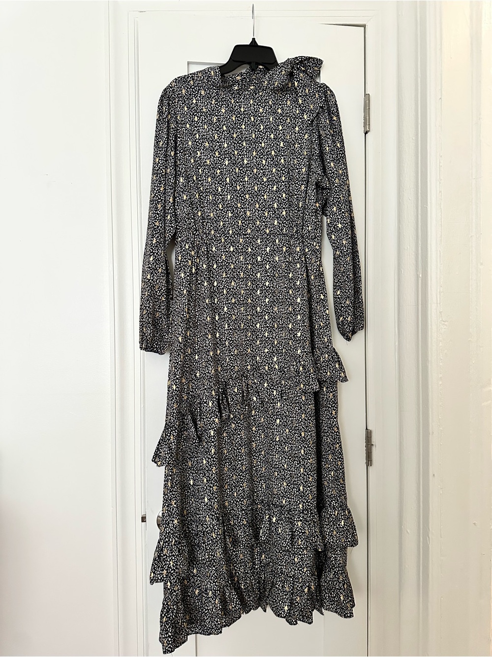 By Nancy Black white & Gold Tie-Neck Maxi Dress with Ruffle Tiers